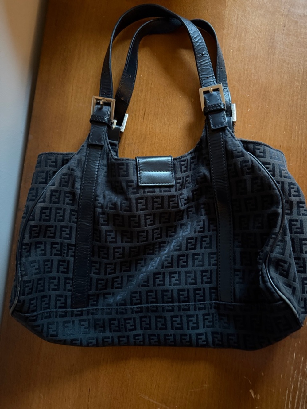 Fendi Black Monogram Canvas Shoulder Bag with Gold FF Buckle - Picture 5 of 5